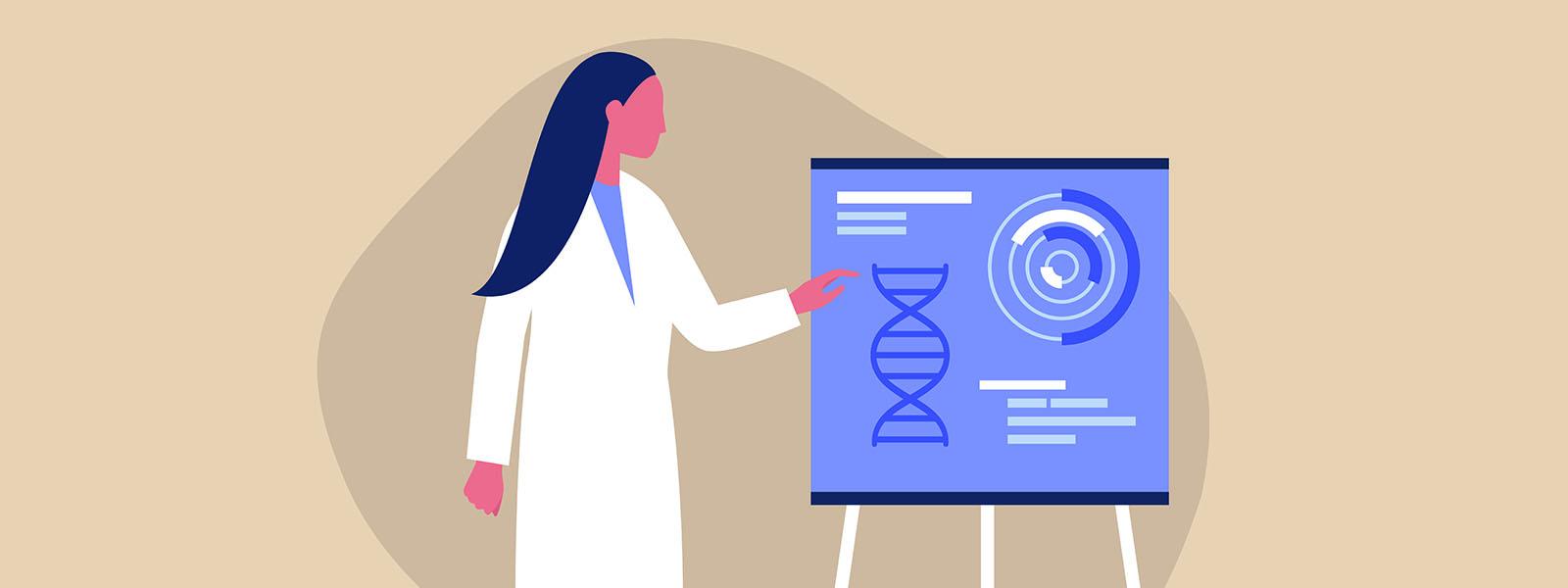 Vector cartoon of a student in a lab coat gesturing towards a presentation easel.