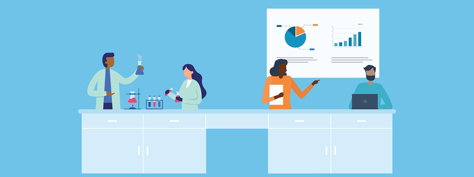 CPiPS website landing page hero Vector cartoon of four people at a large desk, two of whom are working with lab equipment, and two of whom are presenting a chart.
