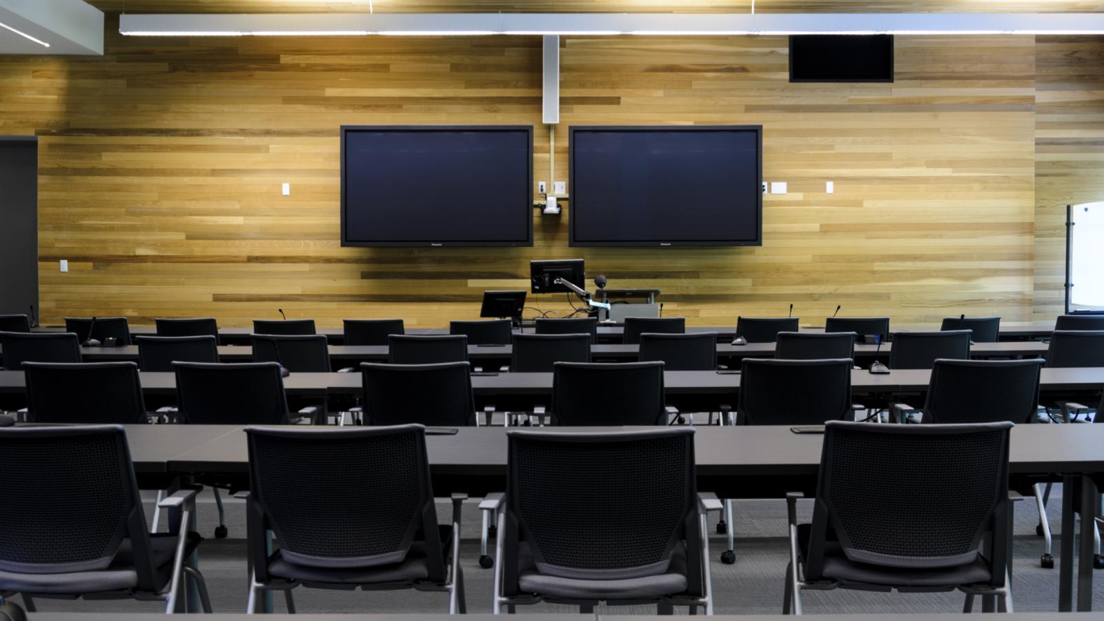 A view of empty, well-lit Room 3340. 