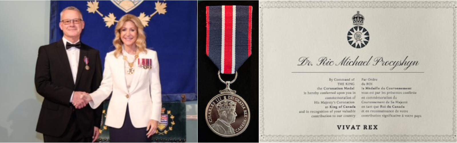 A photo collage of Ric M. Procyshyn being awarded the King Charles III Coronation Medal.