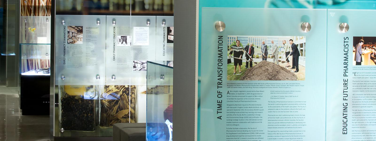 A partial panoramic of some of the displays in Pharm Sci's Story of Medicines exhibit.